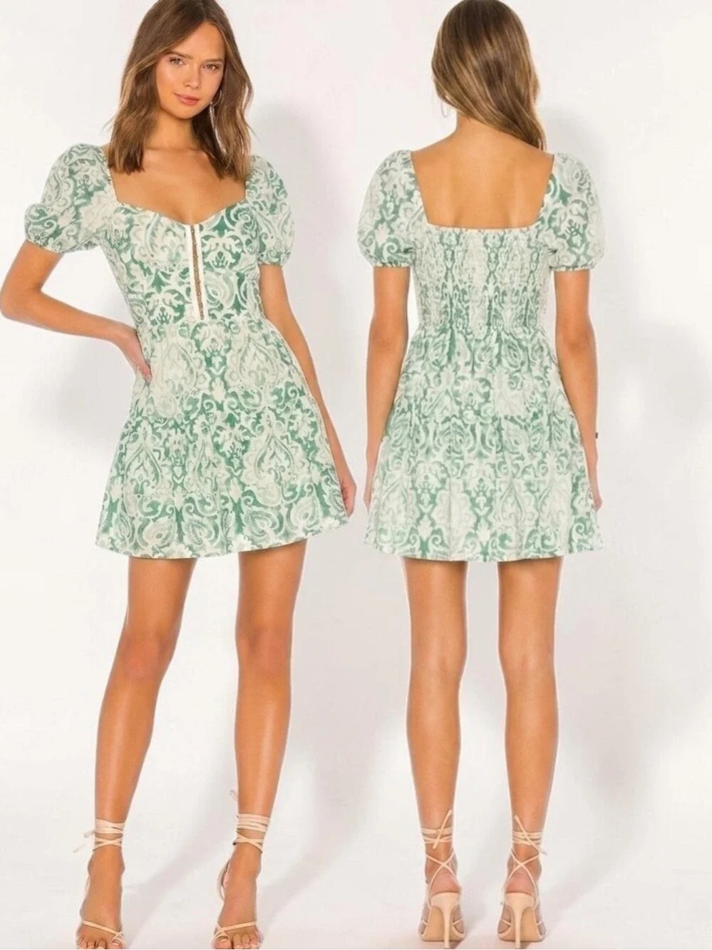 House of Harlow 1960 Mint Green Damask Puff-Sleeve Mini Dress